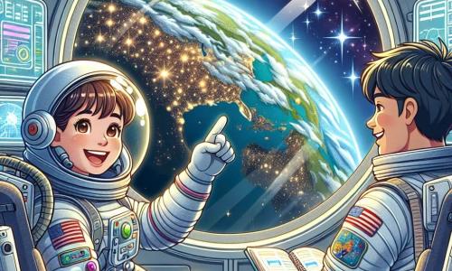 Au premier plan, l'astronaute Camille, avec un casque brillant et une combinaison spatiale blanche, sourit en pointant la Terre visible à travers un hublot de fusée, entourée d'étoiles. À ses côtés, Maxime, son coéquipier, admire également la vue, carnet en main. L'intérieur de la fusée est équipé de panneaux de contrôle lumineux et d'écrans de données. La scène illustre l'émerveillement face à la beauté de la Terre, symbolisant l'exploration et la camaraderie.