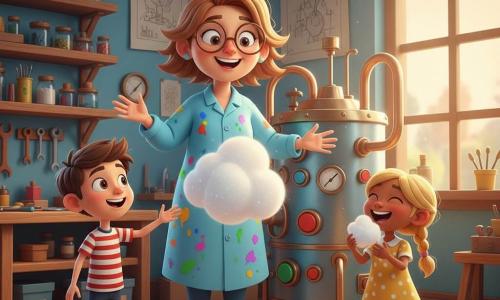 Une inventrice souriante et énergique aux lunettes rondes et cheveux châtain clair en bataille, en blouse bleu ciel tachée de peinture, se tient près d'une grande machine métallique aux boutons colorés, tuyaux en cuivre et jauges, qui souffle un nuage blanc de sucre scintillant semblable à de la barbe à papa; à gauche, Léo, environ 8 ans, cheveux bruns courts et t-shirt rayé rouge et blanc, tend la main émerveillé pour toucher le nuage, et à droite Mia, environ 7 ans, cheveux blonds en deux nattes et robe jaune à pois, rit en goûtant un morceau; l'atelier chaleureux aux murs bleu clair, étagères d'outils et lumière dorée crée une atmosphère magique et conviviale, style couleurs vives, contours nets et expressions lisibles.