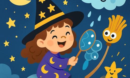 Une petite sorcière nommée Mina, avec un grand chapeau noir orné d'étoiles dorées, sourit joyeusement. Elle a des cheveux bouclés et bruns, porte une robe violette avec des motifs de lunes et est assise sur un caillou de lune, tenant un filet à bisous fait de plumes et de bulles de savon, prête à attraper une étoile filante. À côté d'elle, son balai nommé Balou, avec des yeux ronds et un sourire amical, flotte dans les airs. Un nuage nommé Plouf, avec un visage souriant, observe la scène. La scène se déroule dans un ciel nocturne magique, rempli d'étoiles et de nuages, éclairée par la lune. Mina lance son filet vers une étoile filante dorée qui danse, créant une atmosphère joyeuse. Les couleurs vives et les détails enchanteurs rendent cette illustration captivante.
