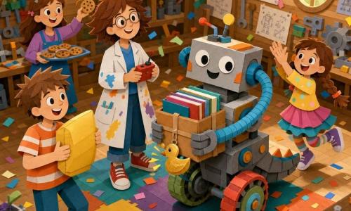 Une inventrice souriante et déterminée, cheveux courts châtains en bataille, lunettes rondes, blouse tachée de peinture bleue, tenant une petite télécommande rouge et regardant son robot porter une boîte de livres ; Léa (~8 ans) aux tresses brunes applaudit à droite, Max (~12 ans) cheveux en épi en t‑shirt rayé rit et tend un coussin à gauche, Inès (~11 ans) derrière le groupe offre un biscuit sur un plateau ; le robot, grand et drôle, bras en tuyaux, roues récupérées colorées, queue en mousse renforcée et sonnette canard dorée qui tinte « coin‑coin », boîte bien arrimée ; atelier en bois avec étagères à pièces, plans au mur, fenêtres rondes laissant une lumière chaude, outils suspendus et tapis coloré ; scène de réussite ludique avec confettis, ambiance chaleureuse et joyeuse, couleurs vives et contrastées, textures papier visibles, contours nets, composition centrée sur le robot et l’inventrice, angle légèrement en plongée.