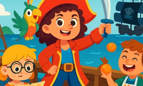 La Capitaine Lila, courageuse avec des cheveux bouclés et un chapeau rouge, se tient fièrement sur le pont du Frétillant Flibustier, souriante et curieuse. À ses côtés, Timéo, un perroquet coloré, crie joyeusement sur son épaule. Zoé, la navigatrice de 10 ans avec des lunettes rondes, consulte une carte au trésor, concentrée. Maxou, le cuistot de 9 ans en tablier rayé, jongle avec des oranges en riant. Le décor est un océan bleu sous un ciel ensoleillé, avec des îles verdoyantes à l'horizon. Un navire noir menaçant approche, créant une atmosphère d'aventure. La Capitaine Lila, prête à affronter le danger, brandit son épée tandis que ses amis se préparent à naviguer vers l'inconnu.