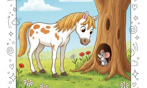Un cheval doux et curieux, crinière dorée et robe blanche tachetée de caramel, se penche pour regarder une petite souris grise souriante assise à l'entrée d'un trou d'arbre ; prairie verte et fleurie, vieux tronc brun avec trou accueillant, ciel bleu clair avec nuages cotonneux et soleil chaleureux à droite, ambiance joyeuse et bienveillante, couleurs pastel vives et contours épais style livre pour tout-petits.
