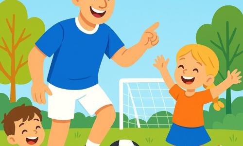 Un homme grand et souriant, Marc, est au centre de l'image, vêtu d'un maillot de football bleu vif et de shorts blancs. Il montre aux enfants comment dribbler avec un ballon. À côté de lui, une fillette de 7 ans, avec des cheveux blonds en tresses, essaie de copier ses mouvements, excitée. Un garçon de 6 ans, aux cheveux châtains et portant un t-shirt rouge, est assis sur l'herbe, riant et applaudissant, tenant un petit ballon à ses pieds. La scène se déroule sur un terrain de football verdoyant, entouré d'arbres colorés et d'un ciel bleu clair. Marc explique aux enfants comment faire une passe, avec des gestes dynamiques, tandis qu'ils l'écoutent attentivement, impatients de jouer ensemble.