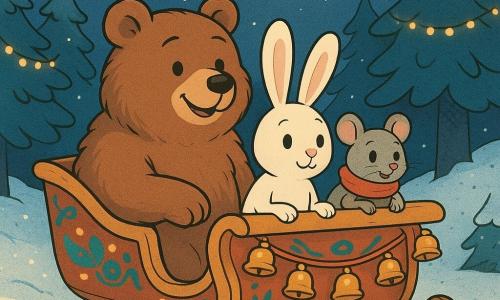 Un ours brun nommé Patachon, avec un pelage épais et doux, est assis à l'avant d'un traîneau en bois décoré de clochettes dorées et de motifs colorés. À côté, un lapin blanc nommé Filou, aux longues oreilles, est émerveillé. Derrière eux, une souris grise, Mimi, avec une écharpe rouge, regarde autour d'elle avec enthousiasme. Le traîneau glisse sur la neige scintillante sous un ciel étoilé et une lune brillante. La forêt environnante, parsemée de sapins enneigés et de guirlandes lumineuses, ajoute une touche féerique à la scène.