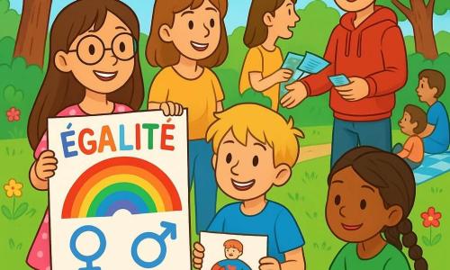 Quatre enfants sont présents : Anaïs, 10 ans, avec de longs cheveux bruns et des lunettes rondes, porte une robe rose à pois blancs et tient une affiche colorée sur l'égalité. Lucas, 9 ans, a des cheveux blonds en bataille et un t-shirt bleu, et montre un dessin de super-héros. Samia, 9 ans, avec des cheveux noirs tressés et un short vert, est assise par terre, dessinant des affiches. Nathan, 10 ans, avec des cheveux châtains et un sweat à capuche rouge, sourit en distribuant des brochures. L'action se déroule dans un parc ensoleillé, verdoyant, où des familles sont assises sur des couvertures. Les enfants présentent leurs idées sur l'égalité des genres à des parents attentifs, créant une ambiance joyeuse et collaborative.
