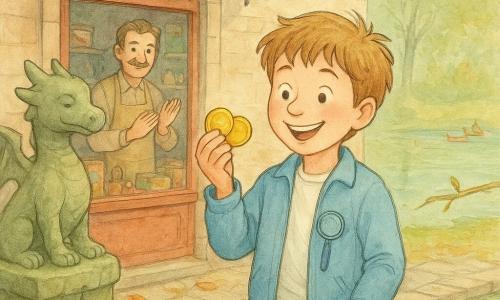 Un garçon de 8 ans, joyeux et fier, brandit trois jetons dorés serrés dans sa main, cheveux châtain clair en bataille, veste bleu ciel, pantalon kaki et loupe en plastique à la poche, souriant et admirant les jetons ; derrière le comptoir, Monsieur Martin, homme d'environ 50 ans, moustachu et chaleureux, en tablier beige, applaudissant et pointant la vitrine de jeux ; à gauche, une statue de petit dragon en pierre patinée sur socle moussu avec une fissure où un jeton a été retiré ; à droite, un étang calme aux reflets verts et une branche posée sur l'eau, des bateaux-jouets au loin ; l'entrée de la boutique colorée avec vitrine en bois, enseigne en fer forgé et trottoir pavé, feuilles d'automne et lumière douce du matin ; scène principale : triomphe enfantin, trésor des jetons, atmosphère chaleureuse et aventureuse.