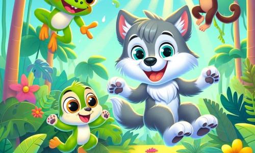 Un loup joyeux nommé Loulou, avec un pelage gris et des yeux malicieux, saute dans la jungle avec un grand sourire. À ses côtés, une grenouille verte bondit joyeusement, tandis qu'un singe espiègle rit en les observant. La jungle est luxuriante, avec de grandes feuilles vertes, des fleurs colorées et des rayons de soleil filtrant à travers les arbres. Loulou et ses amis s'amusent ensemble, créant une atmosphère joyeuse.