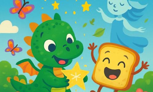 Titou, un petit dragon aux écailles vertes et aux yeux curieux, se tient au centre de l'image, souriant émerveillé. Il tient un mot brillant dans ses griffes. Biscotte, une tartine joyeuse, saute à côté de lui, riant et pleine d'énergie. En arrière-plan, Mademoiselle Vent danse doucement, entourée de feuilles virevoltantes, ajoutant une touche de magie. Le jardin enchanté est rempli de fleurs colorées et de papillons, sous un ciel bleu parsemé de nuages. Titou et Biscotte dansent sous une pluie de mercis scintillants, créant une atmosphère joyeuse et magique.