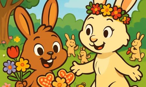 Barnabé le lapin, avec ses grandes oreilles et son pelage brun, est au centre de l'image, les yeux brillants d'excitation et un grand sourire. Il tient un bouquet de fleurs colorées dans une patte et des biscuits décorés dans l'autre, dans une ambiance joyeuse. À ses côtés, sa maman, une lapine crème aux yeux doux, le regarde avec tendresse, les bras ouverts pour l'enlacer, portant une couronne de fleurs pour la fête des mères. En arrière-plan, un parc verdoyant avec des fleurs et des arbres sous un ciel bleu accueille des lapins et d'autres animaux qui dansent et chantent, célébrant ensemble la fête des mères. Barnabé joue de la flûte de carotte, entouré de ses amis dans un moment de bonheur partagé.