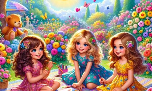 Trois filles, Lila (8 ans, cheveux bruns et bouclés, en robe rose à fleurs), Zoé (7 ans, cheveux blonds et lisses, en petite robe jaune) et Chloé (8 ans, cheveux châtains et ondulés, en robe bleue), sont assises sur une nappe colorée dans un jardin ensoleillé, entourées de fleurs. Lila dessine des cœurs sur une carte, Zoé tient des crayons de couleurs, et Chloé dessine un soleil. Le jardin est rempli de fleurs, avec des papillons et un ciel bleu clair. Au fond, un arbre majestueux offre de l'ombre. Les filles préparent des cartes pour la fête des mères, riant et souriant, créant un moment joyeux et créatif.