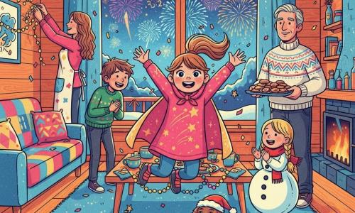 Soirée de Nouvel An dans un salon de chalet cosy : une fillette en cape scintillante saute de joie au centre, un père tient un plateau de biscuits à droite, la mère accroche une guirlande à l'arrière, un garçon déguisé en sapin et une fille déguisée en bonhomme de neige rient près de la fenêtre et de la cheminée, un petit chien porte un chapeau de Père Noël ; grande fenêtre sur paysage enneigé et feux d'artifice, décor festif de guirlandes, biscuits et rires tandis que le groupe compte à rebours.