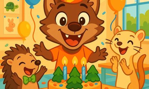 Loupinou, un jeune loup aux poils doux et bruns, avec de grands yeux pétillants de joie, se tient au centre d'une fête d'anniversaire devant un énorme gâteau en forme de forêt. Il sourit largement, entouré de ballons colorés. À sa droite, Léon le hérisson, avec un nœud papillon vert fluo, rit aux éclats. À sa gauche, Margot la belette, avec son pelage crème et ses yeux malicieux, applaudit avec enthousiasme. La scène se déroule dans une salle de classe décorée de guirlandes et de dessins d'animaux, avec des tables couvertes de confettis et de bonbons. Loupinou souffle sur les bougies de son gâteau, entouré de ses amis qui chantent « Joyeux anniversaire », créant une atmosphère festive.