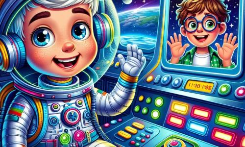 Un astronaute nommé Hugo flotte dans sa cabine de vaisseau spatial, souriant d'excitation. Il porte un scaphandre argenté avec des détails colorés et un casque transparent. Il tient un carnet d'observation et un goûter spécial. À côté de lui, sur un écran, un enfant de 10 ans nommé Léo, avec des cheveux bruns en bataille et des lunettes rondes, exprime son émerveillement. L'intérieur du vaisseau est rempli de panneaux de contrôle illuminés et offre une vue sur un ciel étoilé avec des planètes colorées. Hugo discute avec Léo de sa découverte d'une nouvelle planète, entouré d'étoiles scintillantes, créant une atmosphère magique d'aventure.