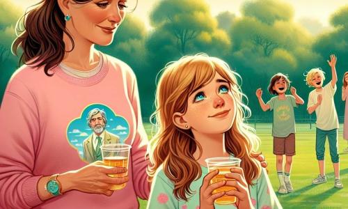 Céline, une fille de 12 ans, se tient dans un parc verdoyant, les yeux brillants de larmes mais souriante. Elle a de longs cheveux châtains et porte un sweat rose avec un motif de nuage. Elle lève un verre de jus de pomme en mémoire de son grand-père. À ses côtés, sa mère, d'environ 35 ans, la regarde avec fierté, portant une robe légère à fleurs. En arrière-plan, des amis de Céline jouent au frisbee, créant une atmosphère joyeuse. Le parc est illuminé par une lumière dorée, avec des arbres et des fleurs colorées. Céline célèbre la vie de son grand-père, mêlant tristesse et joie des souvenirs.