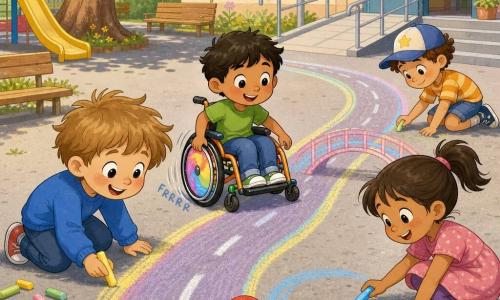 Un garçon de 4 ans, heureux et concentré, joues rondes et cheveux châtain clair en bataille, en pull bleu trace une route à la craie avec une craie jaune en regardant une balle rouge; Nino, garçon de 4–5 ans en petit fauteuil roulant coloré aux roues brillantes, t‑shirt vert, avance lentement sur la route de craie vers la balle; Jade, fille de 4 ans aux cheveux en queue de cheval, robe rose, accroupie près de la balle en dessinant un grand rond bleu; Sam, garçon de 5 ans, casquette, dessine un petit pont de craie au bord du chemin; cour d’école ensoleillée sur bitume gris clair couverte de dessins multicolores, toboggan jaune, grand arbre, quelques bancs et une entrée avec petite rampe; scène d’équipe avec une large route de craie menant à la balle rouge, roues faisant 
