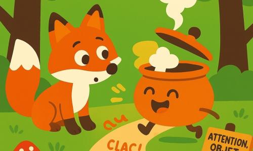Un renard roux au pelage doux et taches blanches, yeux ronds surpris, incline la tête vers une marmite en cuivre animée qui rit et danse en roulant sur le sentier en faisant « clac-clac », vapeur en nuage et couvercle ouvert comme une bouche; un panneau naïf incliné indique « Attention, objet très chatouilleux ! »; le chemin couvert de mousse, quelques champignons rouges à pois blancs et troncs éclairés par un feuillage vert clair.