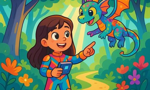 Léa, une petite fille de 10 ans aux longs cheveux bruns et aux yeux curieux, se tient au centre, souriante. Elle porte une combinaison futuriste colorée et tient un appareil électronique brillant. À ses côtés, un petit dragon aux écailles multicolores s'élève avec des ailes translucides, prêt à l'aider. Le décor est une forêt luxuriante avec des arbres argentés et des fleurs éclatantes, baignée de lumière. Léa et le dragon discutent, elle désignant un chemin mystérieux symbolisant leur aventure pour ramener la tolérance à Néobelle.