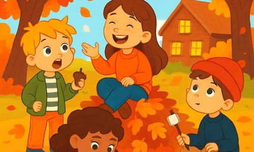 Quatre enfants sont présents : Emma, 8 ans, avec de longs cheveux bruns, un pull orange et un pantalon en jean, assise sur une pile de feuilles, souriante et racontant une histoire ; Lucas, 7 ans, avec des cheveux blonds en bataille, une veste verte et un t-shirt à rayures, debout à côté d'Emma, tenant un gland ; Zoé, 7 ans, avec des cheveux bouclés et une robe jaune à fleurs, accroupie en train de dessiner un écureuil sur un carnet ; et Tom, 8 ans, avec des cheveux châtains et un bonnet rouge, assis en retrait, regardant les arbres, une guimauve grillée en main. Ils se trouvent dans un jardin d'automne, avec des arbres aux feuilles rouges, orange et jaunes, et un sol recouvert de feuilles mortes. Une maison en bois avec des fenêtres illuminées se trouve en arrière-plan. Les enfants profitent d'une belle journée d'automne, riant et jouant ensemble autour d'une pile de feuilles colorées.