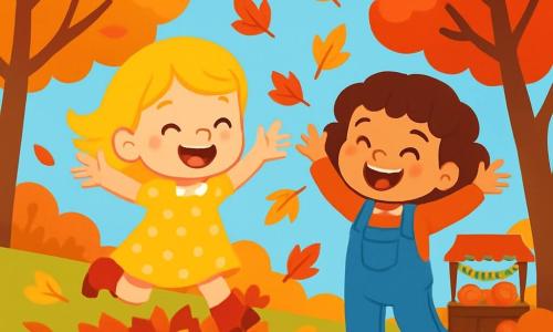 Clara, une petite fille de 4 ans aux cheveux blonds, porte une robe jaune à pois et des bottes rouges. Elle saute dans un tas de feuilles d'automne avec un grand sourire. À ses côtés, Léa, également âgée de 4 ans, a des boucles brunes et une salopette en denim. Elle rit et lance des feuilles en l'air, ses yeux brillants de joie. L'action se déroule dans un parc d'automne, avec des arbres aux feuilles rouges, oranges et jaunes. Le sol est recouvert de feuilles croustillantes, et un stand de marché décoré de guirlandes de pommes et de citrouilles se trouve au loin. Le ciel est bleu clair avec des nuages blancs. Clara et Léa s'amusent ensemble, créant une atmosphère joyeuse et festive.