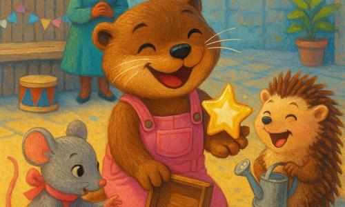 Lila la loutre, joyeuse et fière, pelage brun brillant, salopette en jean rose, s’agenouille et ouvre une petite boîte en bois pour y révéler une grande gommette étoile scintillante dans sa paume ; Mina la souris, petite et vive, fourrure grise et nœud rose, émerveillée, pointe les badges colorés à l’intérieur, à gauche de Lila ; Gaspard le hérisson, piquants bruns et air rieur, tient à droite un petit arrosoir en métal, prêt à célébrer ; Maîtresse Renarde, pelage roux et lunettes rondes, souriante, se tient en arrière-plan derrière l’estrade. Le lieu : préau d’école avec estrade en bois patiné, rubans pastel, guirlandes de papier, dalles bleues et grises, quelques plantes et un tambour sur le côté. Scène : découverte triomphale d’une boîte secrète de badges étoilés au crépuscule, lumières chaudes et complicité enfantine. Style : peinture acrylique colorée, traits doux, textures visibles, contrastes chaleureux, composition centrée sur la boîte et les étoiles scintillantes.