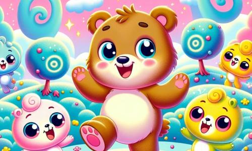 Un ours curieux nommé Oscar, avec un pelage brun et des yeux pétillants, danse joyeusement sur une planète colorée, entouré de mousse bleu clair et d'arbres en spirale. Il sourit, les bras levés, émerveillé par son environnement. À ses côtés, trois Flouflous, des créatures ressemblant à de petits nuages aux yeux ronds, flottent joyeusement. Zazou, le Flouflou leader, rit en dansant, tandis que Blou et Ploup, aux teintes pastel, partagent des baies délicieuses. Le ciel est rose, parsemé d'étoiles, et le sol est tapissé de fleurs multicolores. La scène capture le moment magique où Oscar et ses amis célèbrent leur rencontre avec des chants et des rires, créant une atmosphère joyeuse.