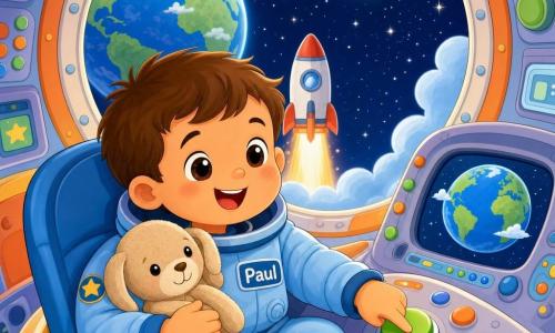 Paul, un petit garçon nommé Paul aux cheveux bruns courts, souriant et émerveillé, en combinaison spatiale bleue douce, est assis dans le siège d’une fusée en train d’appuyer sur un gros bouton vert, les yeux ronds et brillants, un doudou en peluche beige posé sur ses genoux ; l’intérieur coloré de la cabine présente des panneaux arrondis, de gros boutons verts, orange et bleu et des écrans montrant une Terre bleue et une Lune blanche, le hublot ouvert donne sur l’espace avec la fusée qui monte lentement parmi les étoiles — style graphique : formes simples, contours nets, couleurs vives et pastels, composition centrée sur le garçon et son doudou.