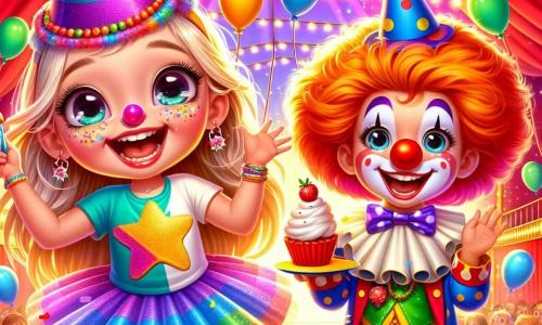 Zoé, une petite fille de 6 ans aux yeux pétillants et joues roses, porte un chapeau en forme d'étoile et un t-shirt arc-en-ciel. Elle rit en tenant un nez de clown rouge. À ses côtés, Bouboule, un clown jovial avec un grand nez rouge et des cheveux orange, jongle avec des balles colorées. La scène se déroule sous une tente de cirque rouge et jaune, remplie d'enfants et d'adultes émerveillés. Zoé et Bouboule sont entourés de confettis, tandis qu'une tarte à la crème éclabousse le sol, créant une ambiance joyeuse et magique.