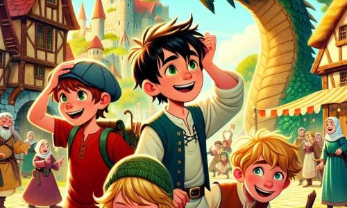 Dans un paysage médiéval ensoleillé, quatre garçons, Hugo, Lucas, Max et Léo, expriment leur excitation autour d'un dragon majestueux. Hugo, 10 ans, en t-shirt rouge, sourit en le montrant. Lucas, 9 ans, en lunettes, semble pensif. Max, 10 ans, avec une casquette verte, tient un bâton comme une épée, tandis que Léo, 9 ans, riant avec une petite fille médiévale, joue avec une poupée en bois. Le décor est un village animé avec des maisons en pierre et un château en arrière-plan. Les villageois curieux observent la scène joyeuse, illustrant l'amitié et la joie d'une rencontre inattendue.