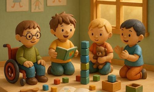 Quatre garçons de 6 ans jouent dans une salle de classe en diorama posée sur une table en bois clair : un garçon aux cheveux courts châtains et lunettes tient un petit fauteuil roulant rouge à droite et sourit, un garçon aux cheveux bruns en bataille en t‑shirt jaune montre un livre coloré au centre‑gauche en regardant les autres, un garçon blond tient un doudou brun assis au centre‑droite et observe la tour de cubes, et un garçon aux cheveux noirs en t‑shirt bleu stabilise une tour de cubes bleus et verts à droite, prêt à applaudir. Grandes fenêtres laissent entrer un rayon de soleil doré, murs vert pâle ornés de dessins d'enfants, table basse avec cubes colorés, petites cuillères en bois, livre ouvert et boîte de cubes empilés ; la tour vacille mais tient grâce à leurs mains qui s'entraident, ambiance chaleureuse, couleurs vives et textures bois et papier avec ombres douces.