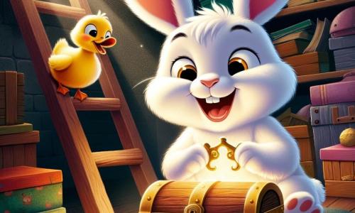 Un petit lapin nommé Léo, avec un pelage blanc et de grandes oreilles, est assis sur une vieille échelle en bois, tenant une clé dorée dans ses pattes avant, prêt à ouvrir un coffre mystérieux. À côté de lui, Coco le canard, un canard jaune, le regarde avec émerveillement, battant des ailes d'impatience. La scène se déroule dans un grenier poussiéreux rempli de vieux jouets et de livres, avec des rayons de lumière filtrant à travers une fenêtre sale. Léo et Coco s'apprêtent à ouvrir un coffre ancien qui brille, révélant un trésor de jouets, de bonbons et de livres d'histoires, dans une atmosphère d'aventure.