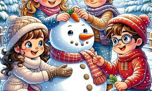 Dans un jardin enneigé, quatre amis construisent un bonhomme de neige. Léa, 8 ans, tient une carotte pour le nez. Nathan, 9 ans, forme la base avec des boules de neige. Timéo, 7 ans, ajoute des pierres pour les yeux, tandis que Clara, 6 ans, admire leur création. Le jardin est couvert de neige scintillante, avec des flocons tombant du ciel bleu clair. Les enfants rient et s'encouragent, ajoutant les derniers détails à leur bonhomme de neige, qu'ils ont nommé Giga-neige, partageant un moment de joie hivernale.