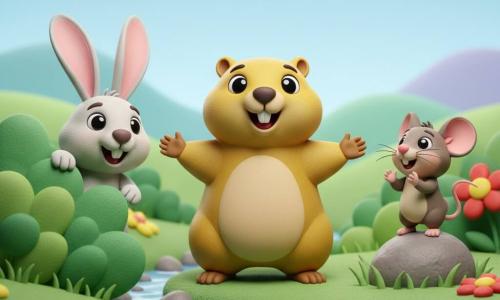Margot, une marmotte dorée souriante debout sur ses pattes arrière, Benjamin, un lapin blanc-gris sortant d’un buisson en riant, et Sissi, une petite souris perchée sur un rocher et applaudissant, se retrouvent en riant après une partie de cache-cache dans une vallée herbeuse fleurie avec un petit ruisseau et des collines sous un ciel bleu pâle, ambiance chaleureuse et enfantine.