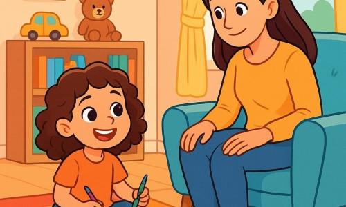 Une petite fille de 6 ans, Lisa, aux cheveux châtains bouclés et aux yeux curieux, est assise sur un tapis coloré dans son salon. Elle sourit et tient des crayons de couleur. Sa maman, une femme d'une trentaine d'années aux cheveux longs, l'observe avec bienveillance, assise sur un fauteuil. Le salon est lumineux, décoré de murs pastel, avec des étagères de livres et des jouets éparpillés. Une grande fenêtre laisse entrer la lumière du soleil. Lisa dessine, concentrée sur son carnet, tandis que sa maman lui propose une activité sans écran. L'atmosphère est joyeuse et créative, remplie de couleurs vives.