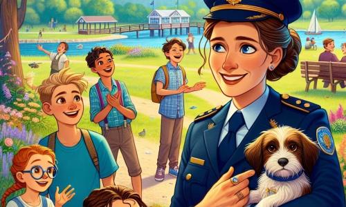 Le personnage principal est la Capitaine Léa Durand, une policière d'une trentaine d'années, avec des cheveux bruns en chignon et un uniforme bleu marine. Elle sourit chaleureusement tout en tenant un petit chien dans ses bras et en regardant les enfants avec bienveillance. À ses côtés, Hugo, un garçon de 10 ans aux cheveux blonds en bataille et lunettes, pointe le chien retrouvé, tandis qu'Emma, une fille de 9 ans avec des tresses et un t-shirt rose, applaudit joyeusement derrière eux. La scène se déroule dans le parc de Clairvallon, un lieu ensoleillé avec des arbres et des fleurs, où des enfants jouent et des familles pique-niquent. Léa, entourée des enfants, célèbre la retrouvaille du petit chien perdu, créant une atmosphère joyeuse et amicale.