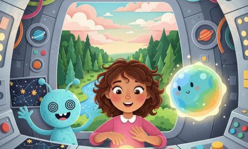 Élodie, une fillette de 10 ans aux cheveux bruns bouclés et aux yeux pétillants, touche émerveillée un gros bouton lumineux sur une console tandis que Zigou, petit extraterrestre bleu aux bras longs et yeux en spirale, lui montre une carte étoilée et Flou, une boule translucide changeant de couleur, flotte en répandant une douce lueur ; l'intérieur argenté du vaisseau, aux panneaux en couches, boutons colorés et écrans montrant des planètes, s'ouvre sur une forêt et une rivière scintillante, créant une première rencontre chaleureuse et curieuse, en style papier découpé aux couleurs vives et textures froissées.