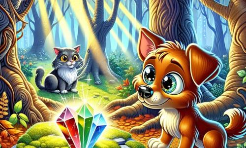 Un chien au pelage d'automne, avec des yeux curieux et une truffe noire, se tient au centre de la clairière, excité. Il fixe le Cristal des Quatre Saisons, brillant comme un arc-en-ciel sur un coussin de mousse. À ses côtés, un vieux chat gris, sage et amusé, l'observe depuis une racine d'arbre. La clairière, entourée d'arbres majestueux aux feuilles scintillantes sous le soleil, est enveloppée d'une brume légère, créant une atmosphère magique. Le chien s'apprête à toucher le Cristal, symbole de la magie de la forêt, tandis que des ombres rampent autour, ajoutant une touche d'aventure.
