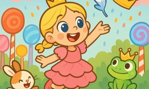 Princesse blonde en tresses, robe rose à volants, joyeuse et sautillante, tend la main vers une plume parlante blanche et bleue tandis qu'elle aide un petit roi grenouille vert à récupérer sa trop grande couronne dorée ; un lapin blanc et marron danse à côté, le tout dans une forêt de sucettes et d'arbres en sucre d'orge, sous des nuages roses et une pluie de bonbons multicolores, ambiance lumineuse, couleurs vives et pastel, formes rondes, style enfantin aux traits épais et contours nets.