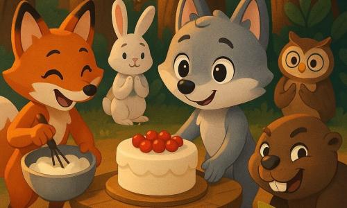 Petit loup anthropomorphe au pelage gris doux et aux yeux noisette, souriant et impatient, pose un gâteau rond à la crème blanche garni de fruits rouges sur une table basse en bois; une cousine renarde rousse fouette la crème dans un grand bol à gauche; un vieux castor brun, accroupi à droite près d'une pierre brillante, tient une invitation en forme de feuille; derrière la table, un lapin blanc timide, une chouette aux grands yeux et un hérisson souriant forment un demi-cercle en applaudissant, chacun portant un petit accessoire festif; la scène a lieu dans une clairière à la tombée du jour avec herbe, champignons et guirlandes de papier entre deux arbres, lumière dorée filtrant à travers les feuilles, ambiance chaleureuse d'anniversaire coopérative, couleurs chaudes et poses dynamiques.