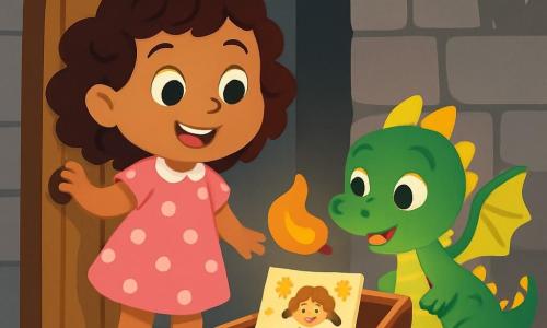 Lila, une petite fille aux cheveux bruns et bouclés, porte une robe rose à pois blancs et sourit avec curiosité en ouvrant une vieille porte en bois. À ses côtés, Plume, un petit dragon vert aux écailles brillantes et aux ailes délicates, l'observe avec émerveillement, sa flamme éclairant le couloir sombre. Ce dernier, étroit et mystérieux, a des murs en pierre grise et des toiles d'araignées. La lumière de la flamme révèle des ombres dansantes. Lila et Plume découvrent une vieille boîte en bois ornée de motifs colorés, remplie de dessins d'enfants d'autrefois, et sont fascinés par cette enquête sur les artistes oubliés.