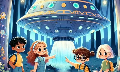Quatre amies se tiennent devant un vaisseau spatial extraterrestre dans une forêt enchantée. Chloé, 10 ans, cheveux bruns bouclés, t-shirt jaune et short en jean, pointe le vaisseau avec un grand sourire. Léa, 9 ans, lunettes rondes et cheveux blonds tressés, observe le vaisseau avec un carnet de notes. Emma, 10 ans, cheveux roux lisses, est assise par terre, dessinant le vaisseau. Sarah, 9 ans, cheveux châtains courts, se tient debout, les bras croisés, prête à explorer. Le vaisseau, brillant et futuriste, est décoré de symboles colorés et émet une lumière bleutée. La forêt est remplie d'arbres aux feuilles en spirale et de fleurs luminescentes. Les amies, émerveillées, s'apprêtent à entrer dans le vaisseau pour une aventure intergalactique.
