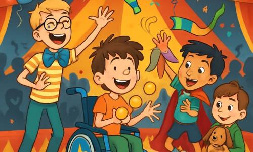 Quatre enfants se trouvent sous un chapiteau de cirque coloré. Max, 10 ans, est dans un fauteuil roulant décoré de stickers, tenant des balles jaunes. Théo, 9 ans, grand et mince, porte un t-shirt à rayures et un nœud papillon, riant aux éclats. Sami, 8 ans, petit et vif, est vêtu d'une cape rouge et fait des gestes de magie. Louis, 10 ans, un peu timide, tient un chien-lapin dans ses bras. Ils réalisent un numéro comique sur scène : Max lance des balles, Théo jongle, Sami feint d'être un magicien, et Louis essaie de les aider en riant. L'ambiance est joyeuse, avec des rires et des couleurs vives.
