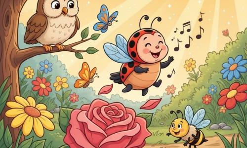 Petite coccinelle rouge à points noirs, ronde et souriante, ailes entrouvertes en train de chanter au-dessus d’une grande rose ; à gauche, un vieux hibou crème et brun aux grands yeux bienveillants perché sur une branche ; deux papillons orange et bleu posés sur des pétales ; une abeille jaune rayée voletant au-dessus d’une feuille en bas à droite ; jardin lumineux et foisonnant de fleurs vives, herbes, petites pierres et chemin sinueux baigné d’une lumière dorée avec un nuage gris qui se dissipe et des rayons de soleil ; ambiance joyeuse et chaleureuse, couleurs saturées, contours nets, formes simples et expressions lisibles, perspective légèrement en plongée pour voir l’ensemble.