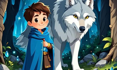 Lucien, un garçon de 12 ans aux cheveux châtains en désordre et aux yeux curieux, se tient au bord d'une clairière enchantée, affichant une expression de détermination. Il porte une cape bleue usée et tient une pierre de lune brillante. À ses côtés, un loup majestueux au pelage argenté, aux yeux jaunes bienveillants, semble partager un secret avec lui. La clairière est entourée d'arbres immenses dont les feuilles filtrent la lumière, créant des ombres sur le sol fleuri. Lucien et le loup se préparent à affronter une caverne sombre, d'où s'échappe une brume noire, tandis que la pierre de lune éclaire leur chemin, symbole d'espoir et de courage.