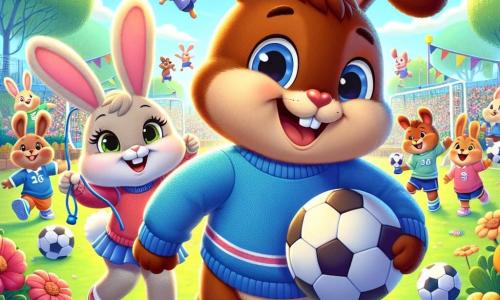 Un jeune lapin nommé Noisette, avec une fourrure marron et de grandes oreilles, sourit en tenant un ballon de foot. Il porte un pull bleu vif et se trouve dans la cour de l'école, entouré de fleurs colorées. À ses côtés, sa meilleure amie Rose, une lapine à la fourrure rose pâle, saute de joie avec une corde à sauter. En arrière-plan, d'autres lapins jouent ensemble, créant une atmosphère de bonheur. La cour est ensoleillée, remplie de jeux colorés et d'arbres. Noisette et Rose montrent que tous les lapins peuvent s'amuser ensemble, dans un esprit d'égalité et de solidarité.