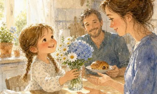 Fille de 6 ans au visage rond, cheveux châtain clair en deux petites nattes, regard joyeux et fier, joues rosées, tenant un petit vase en verre rempli de pâquerettes blanches et d’une tige d’hortensia bleu, debout près d’une table en bois clair; mère (30–35 ans) cheveux bruns en chignon, expression attendrie, mains ouvertes vers la fille, éclairée par la lumière du matin; père (35–40 ans) barbe courte, sourire complice, assis en arrière-plan tenant une assiette avec un pain au chocolat; cuisine simple et chaleureuse avec nappe crème, miettes de pain, bocal-vase, fenêtre avec rideau filtrant un rayon doré et quelques plantes sur le rebord; moment tendre où la fillette offre les fleurs à sa mère, ambiance matinale douce et intime.