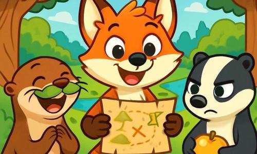 Un renard roux nommé Félix se tient au centre de la clairière, les yeux brillants d'excitation et un large sourire sur son visage. Il tient une carte au trésor dans ses pattes avant, entouré de pommes dorées. À sa gauche, une loutre espiègle, Lili, rit aux éclats, portant une fausse moustache en feuilles. À droite, un blaireau grognon, Gustave, essaie de cacher un sourire avec une pomme dorée à la patte. En arrière-plan, une forêt verdoyante et une rivière scintillante créent une atmosphère joyeuse, capturant le moment où les amis découvrent leur trésor.