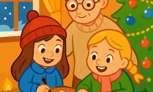 Il y a trois personnages : Lina, une petite fille de 5 ans avec de longs cheveux bruns, un bonnet rouge et un manteau bleu, se tient près de la fenêtre, excitée avec un crayon à la main. Zoé, une autre petite fille de 5 ans avec des cheveux blonds en tresses, une écharpe rose et un manteau vert, est assise à la table, souriante, penchée sur une feuille blanche. Mémé Jeanne, une grand-mère douce avec des cheveux gris et des lunettes, se tient derrière elles, les mains sur leurs épaules, regardant tendrement leur création. La scène se déroule dans une maison chaleureuse décorée pour Noël, avec un sapin illuminé et de la neige tombant à l'extérieur. Lina et Zoé créent une étoile filante en papier, entourées de fournitures, chantant joyeusement, tandis que Mémé Jeanne les encourage avec bienveillance.