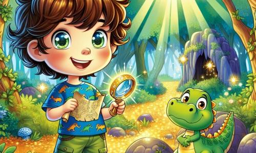 Noah, un garçon de 6 ans aux cheveux bruns en bataille et aux yeux curieux, tient une loupe magique dans sa main droite. Il porte un t-shirt bleu à motifs de dinosaures et un short vert, affichant une grande excitation et une détermination à trouver un trésor caché. À ses côtés, son doudou Croki, un crocodile en peluche souriant, l'accompagne dans cette aventure. La scène se déroule dans une forêt enchantée avec des arbres majestueux et des rayons de soleil filtrant à travers les branches. Noah scrute la carte au trésor dans sa main gauche, tandis que Croki, sur son épaule, l'encourage à avancer vers une grotte mystérieuse au loin.