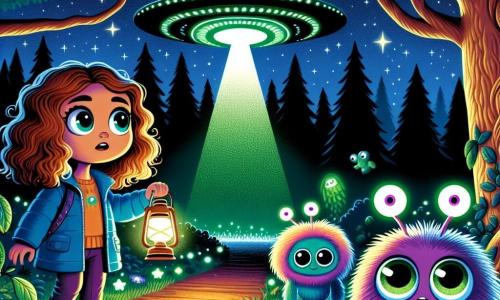 Une fille de 12 ans, Zoé, aux cheveux châtains bouclés et aux yeux curieux, se tient devant un vaisseau spatial brillant, souriante. Elle porte un manteau bleu et tient une lampe torche. À ses côtés, une créature violette à trois bras sourit, tandis qu'une autre créature poilue avec des antennes lumineuses danse autour d'elle. Le décor est une forêt nocturne avec de grands chênes, des feuilles scintillantes sous la lune et des étoiles brillantes. La lumière verte du vaisseau éclaire le sol couvert de feuilles et de fleurs phosphorescentes. Zoé, fascinée et un peu nerveuse, s'approche du vaisseau, prête pour une aventure extraordinaire avec ses nouveaux amis extraterrestres.