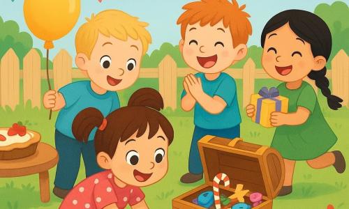 Mimi, 4 ans, cheveux bruns en couettes, robe rose, accroupie et creusant près d’un coffre entrouvert ; Lesly, 4 ans, blond, tient un ballon jaune à gauche ; Timmy, 4 ans, roux, t-shirt bleu, applaudit derrière elle ; Lulu, 4 ans, cheveux noirs en tresse, robe verte, court vers le groupe avec un petit paquet à droite du coffre ; jardin lumineux avec pelouse, fleurs rouges et bleues, table avec tarte aux fraises, guirlandes et clôture claire sous un ciel bleu ; coffre à moitié sorti rempli de bonbons et jouets, expressions de joie et surprise, couleurs vives et composition centrée pour un livre jeunesse.